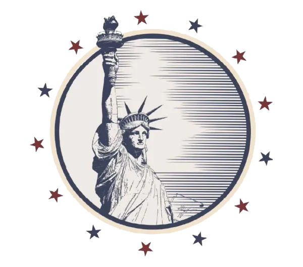 Representação estilizada da Estátua da Liberdade com tocha acesa cercada por círculo com estrelas azuis e vermelhas.